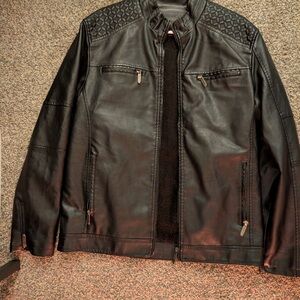 Men's Black Faux Leather Jacket with Quilted Shoulders